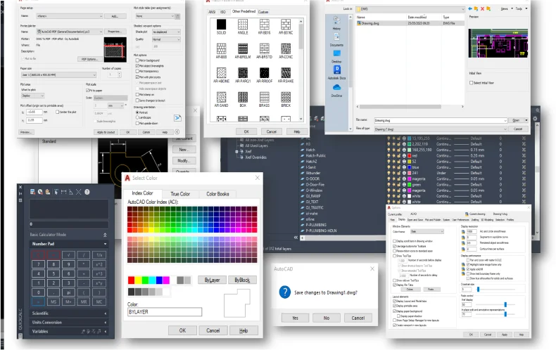 Opening dialog windows: OPEN, SAVE, HATCH, OPTIONS, PROPETIES, etc.